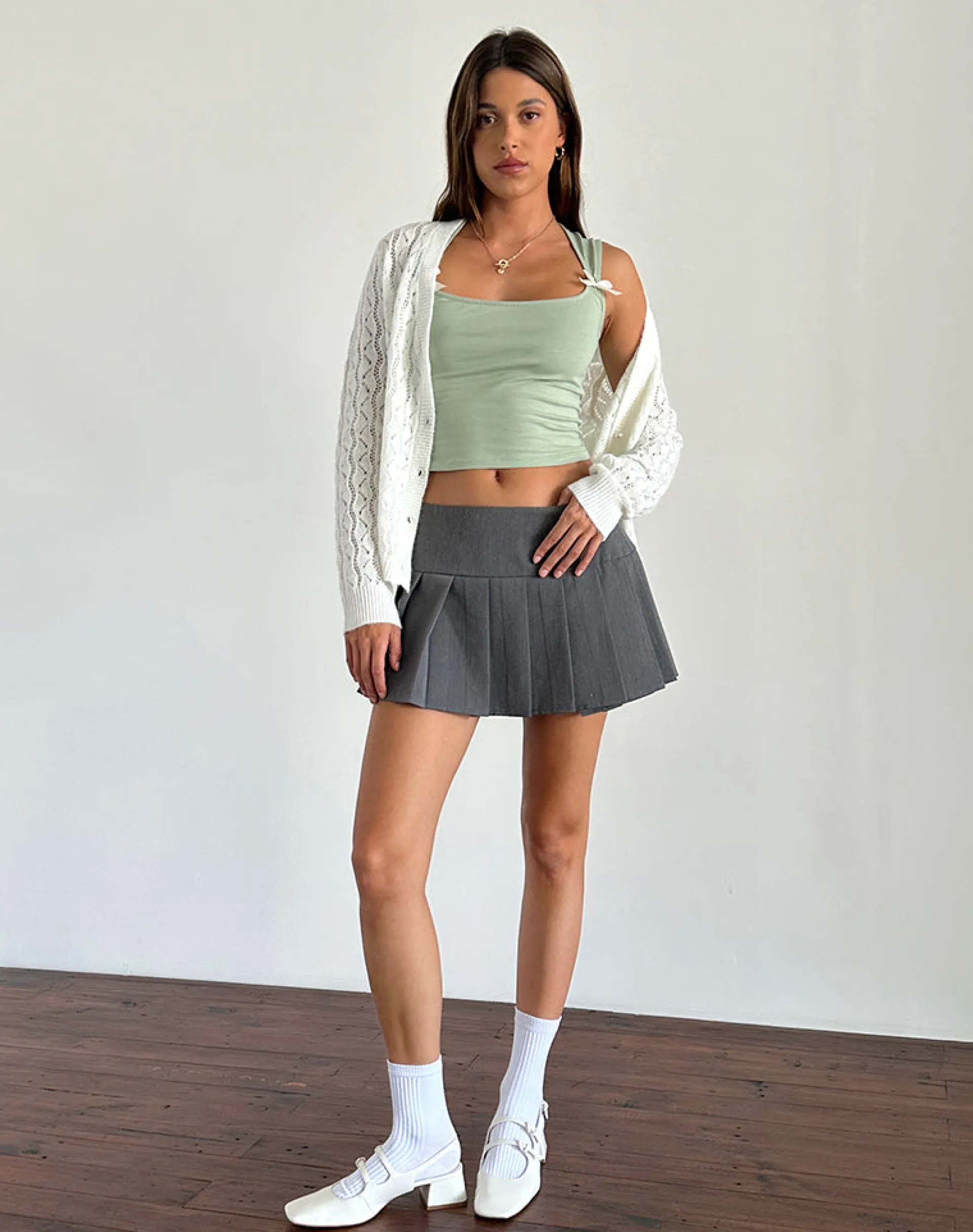Motel Rocks Basic Tops | Vest Tops-Jiniso Crop Top in Sage with Ivory Bows SagewithIvoryBows