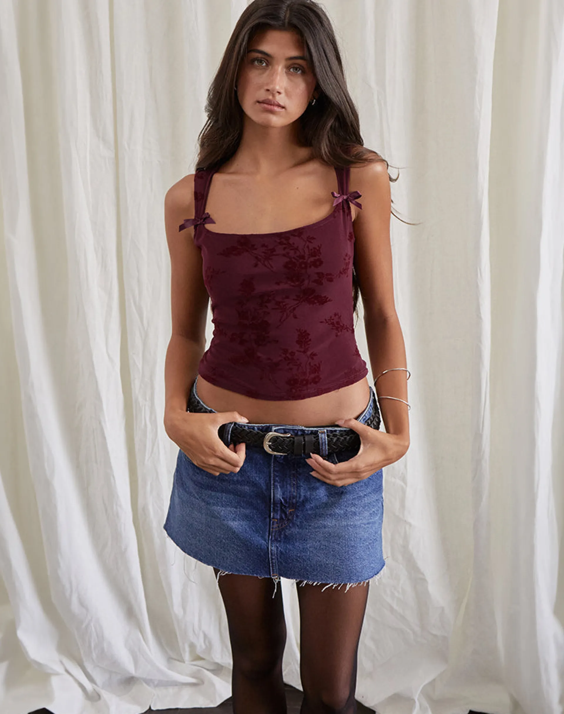 Motel Rocks Vest Tops | Going Out Tops-Jiniso Vest Top in Botanical Flower Flock Maroon BotanicalFlowerFlockMaroon