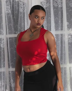Motel Rocks Basics | Basic Tops-Jinsu Crop Top in Adrenaline Red AdrenalineRed