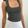 Motel Rocks Strappy Tops | Going Out Tops-Jinsu Top in Black and White Stripe with Picot Trim BlackandWhiteStripewithPicotTrim