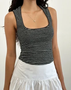 Motel Rocks Strappy Tops | Going Out Tops-Jinsu Top in Black and White Stripe with Picot Trim BlackandWhiteStripewithPicotTrim