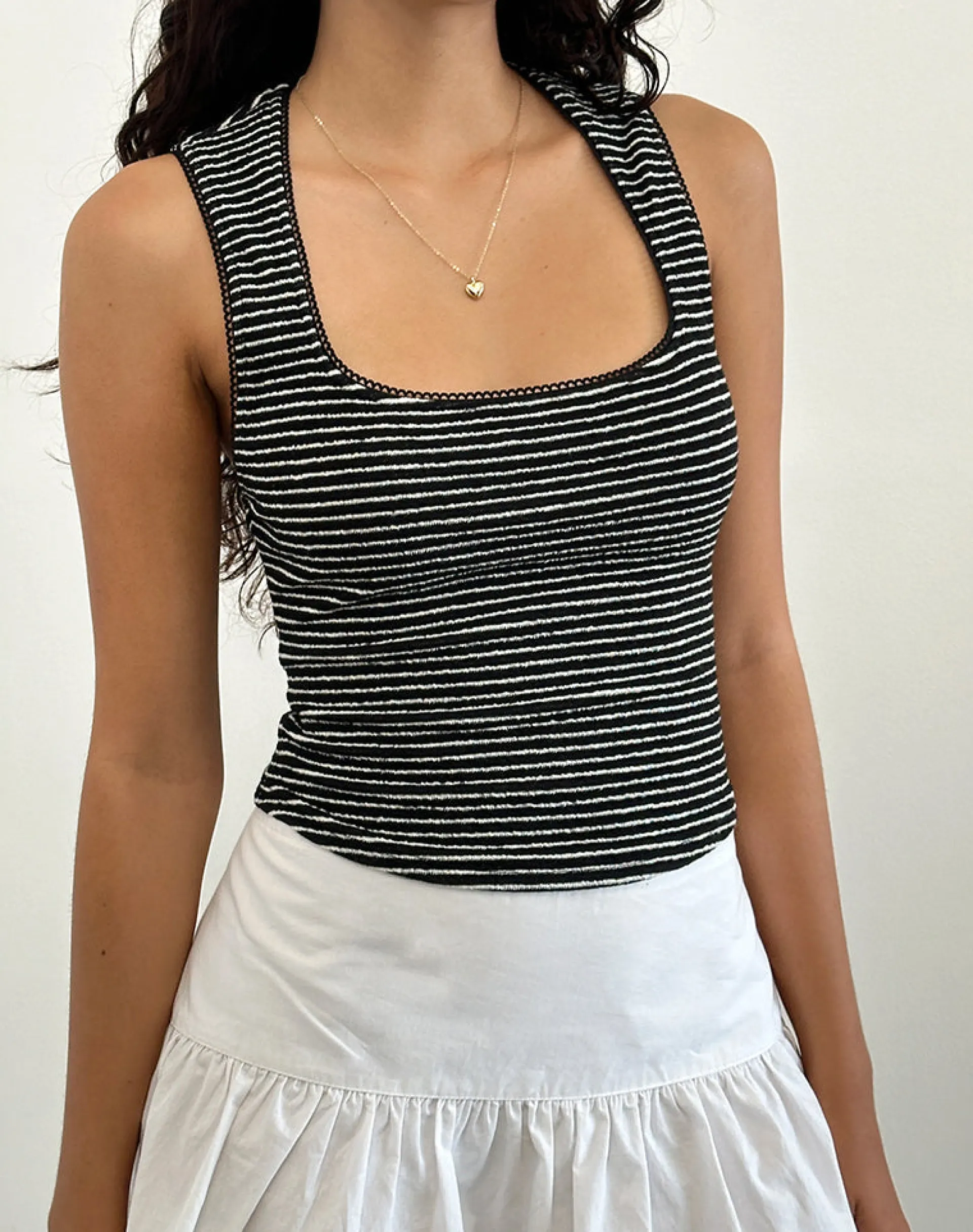 Motel Rocks Strappy Tops | Going Out Tops-Jinsu Top in Black and White Stripe with Picot Trim BlackandWhiteStripewithPicotTrim