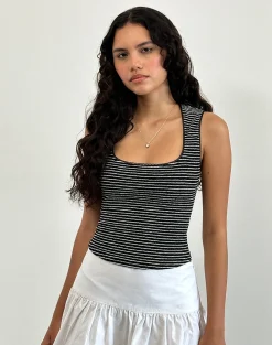 Motel Rocks Strappy Tops | Going Out Tops-Jinsu Top in Black and White Stripe with Picot Trim BlackandWhiteStripewithPicotTrim
