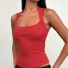 Motel Rocks Going Out Tops-Jinsu Top in Textured Stretch Red TexturedStretchRed