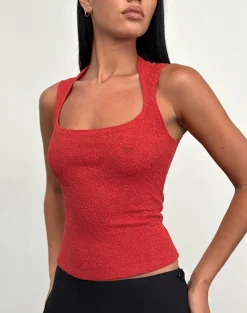 Motel Rocks Going Out Tops-Jinsu Top in Textured Stretch Red TexturedStretchRed