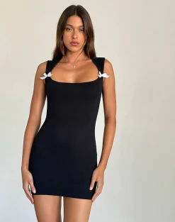 Motel Rocks Basics | Bodycon Dresses-Jinsuni Mini Dress in Black with White Bows BlackwithWhiteBows