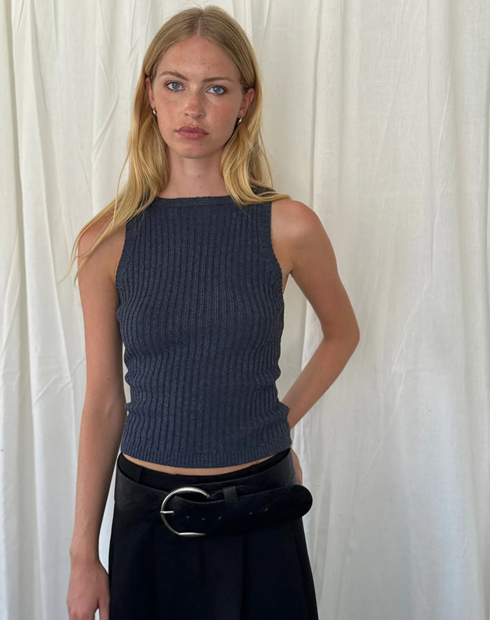 Motel Rocks Vest Tops-Jiselle Knitted Tank Top in Dark Charcoal