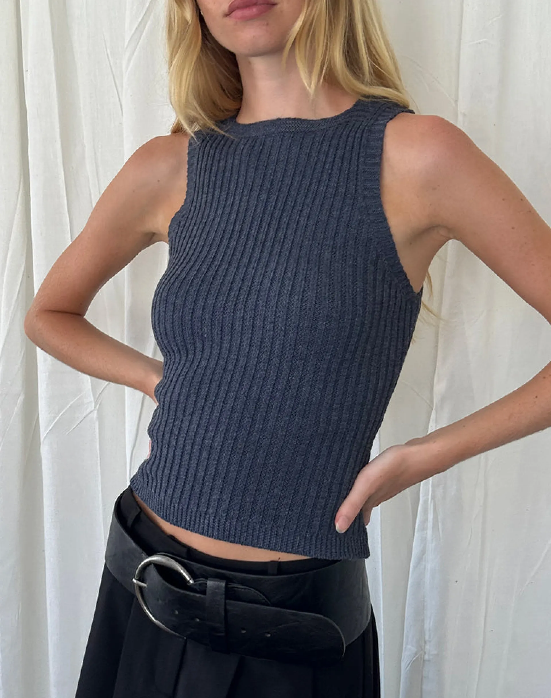 Motel Rocks Vest Tops-Jiselle Knitted Tank Top in Dark Charcoal