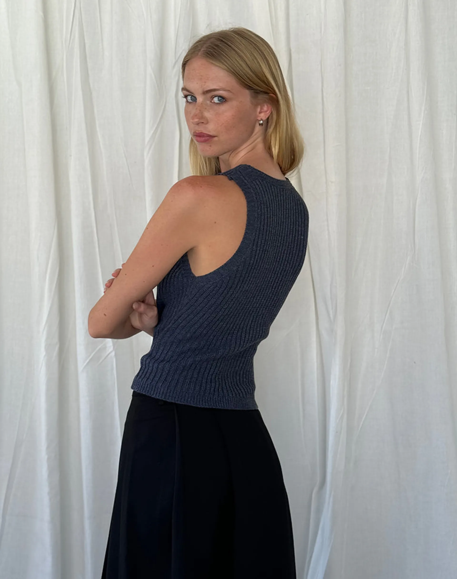 Motel Rocks Vest Tops-Jiselle Knitted Tank Top in Dark Charcoal