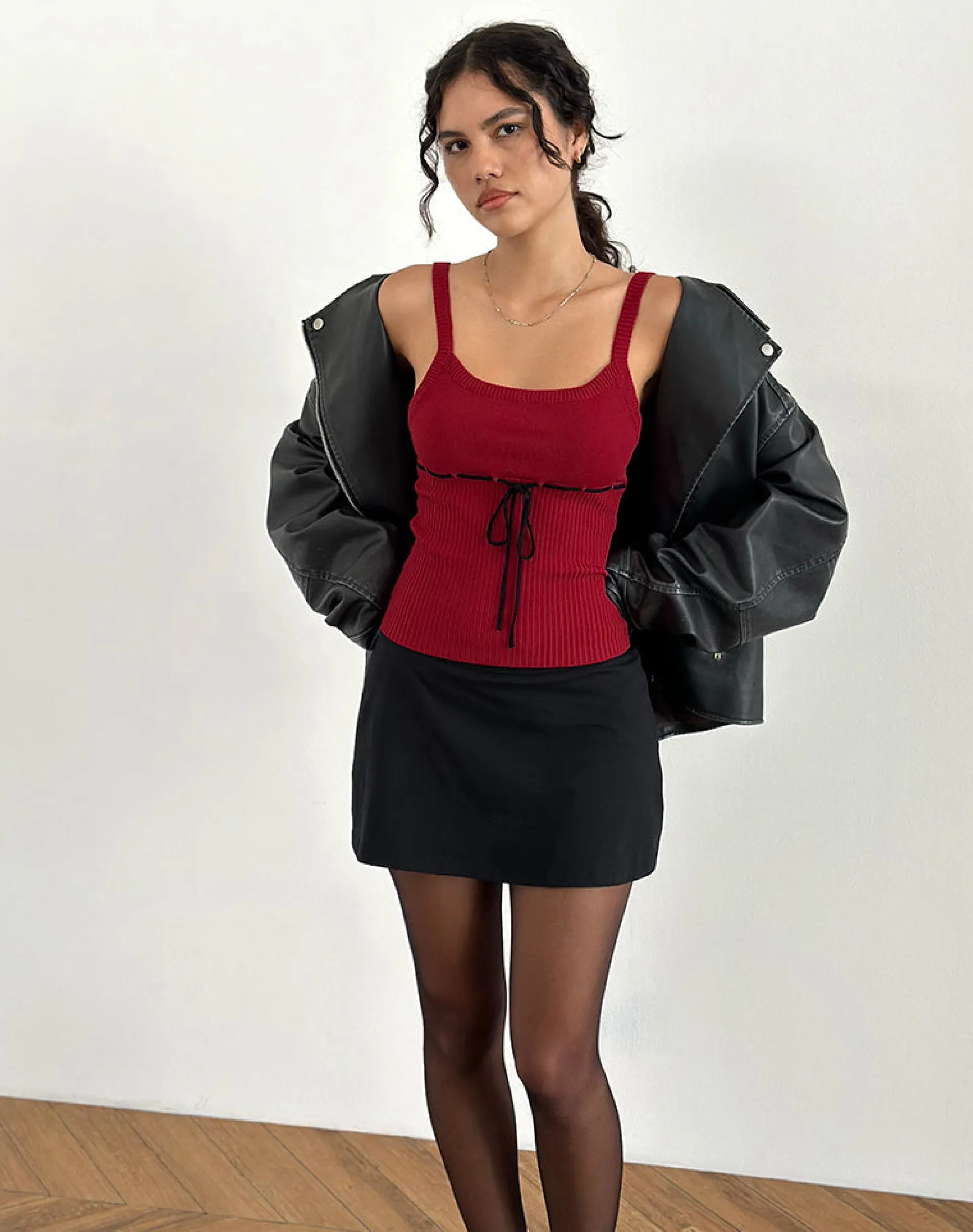 Motel Rocks Strappy Tops | Going Out Tops-Joanie Rib Cami Top in Red with Black Tie RedwithBlackTie
