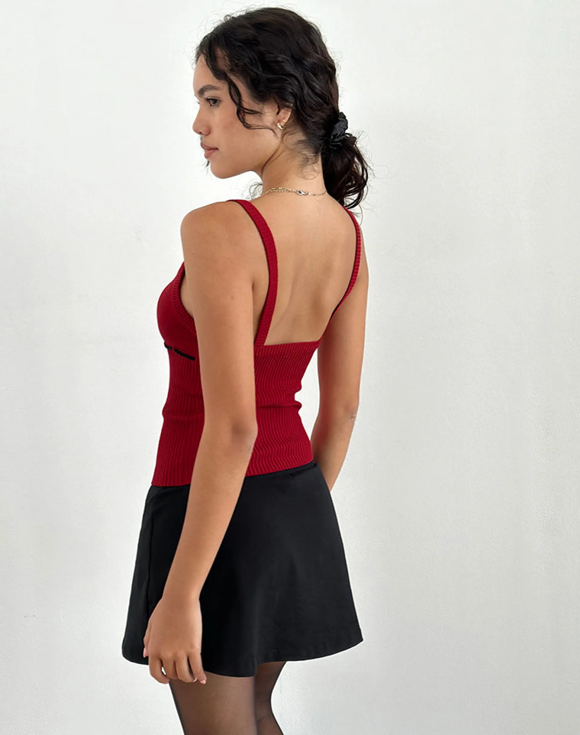 Motel Rocks Strappy Tops | Going Out Tops-Joanie Rib Cami Top in Red with Black Tie RedwithBlackTie
