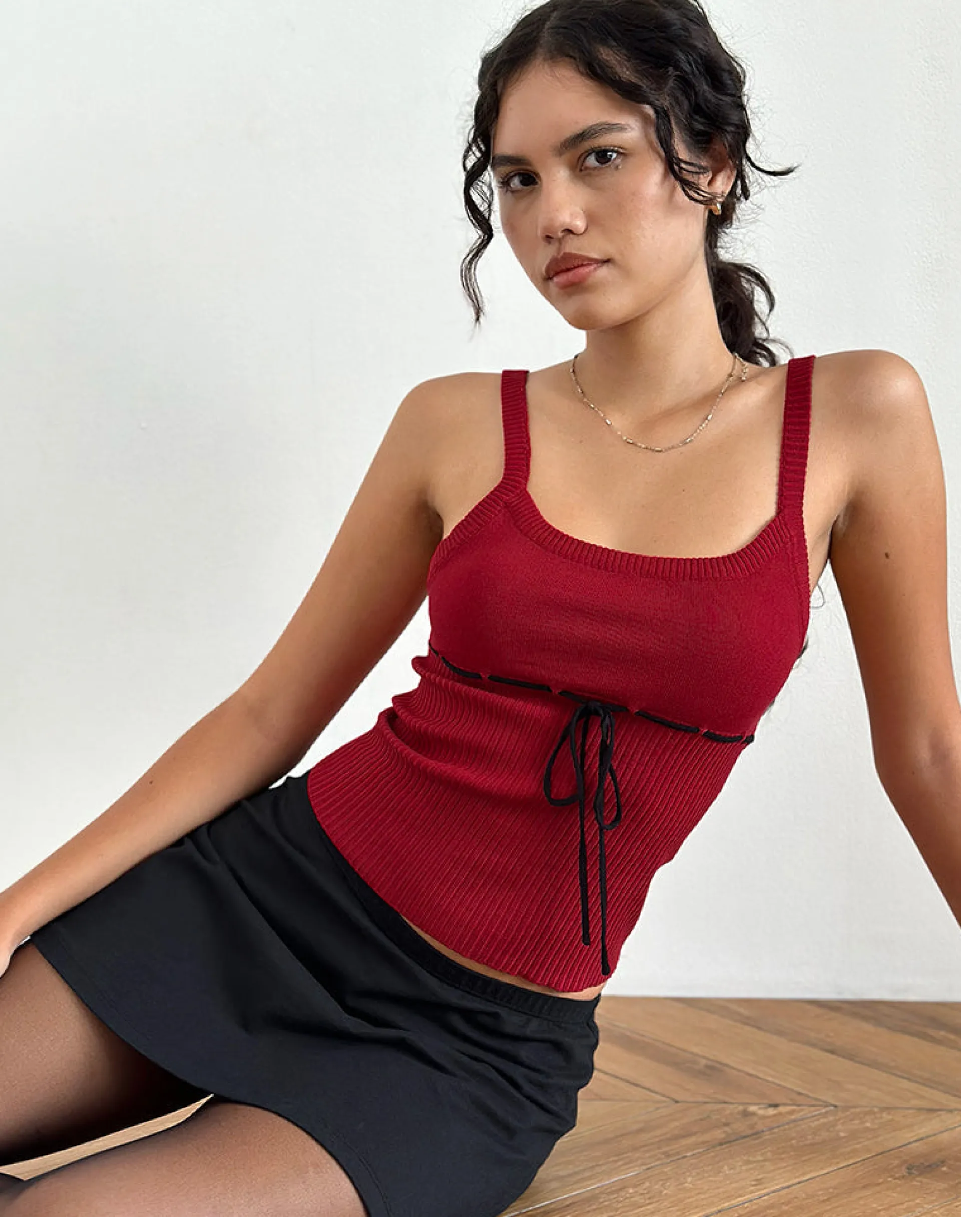 Motel Rocks Strappy Tops | Going Out Tops-Joanie Rib Cami Top in Red with Black Tie RedwithBlackTie