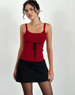 Motel Rocks Strappy Tops | Going Out Tops-Joanie Rib Cami Top in Red with Black Tie RedwithBlackTie