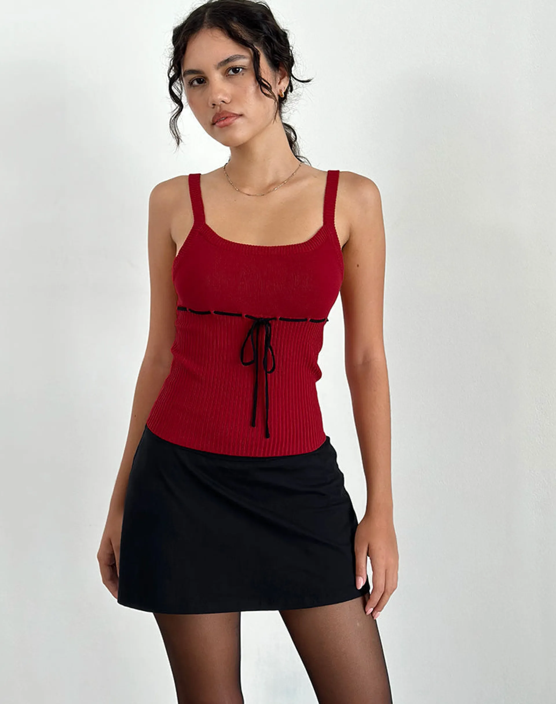 Motel Rocks Strappy Tops | Going Out Tops-Joanie Rib Cami Top in Red with Black Tie RedwithBlackTie