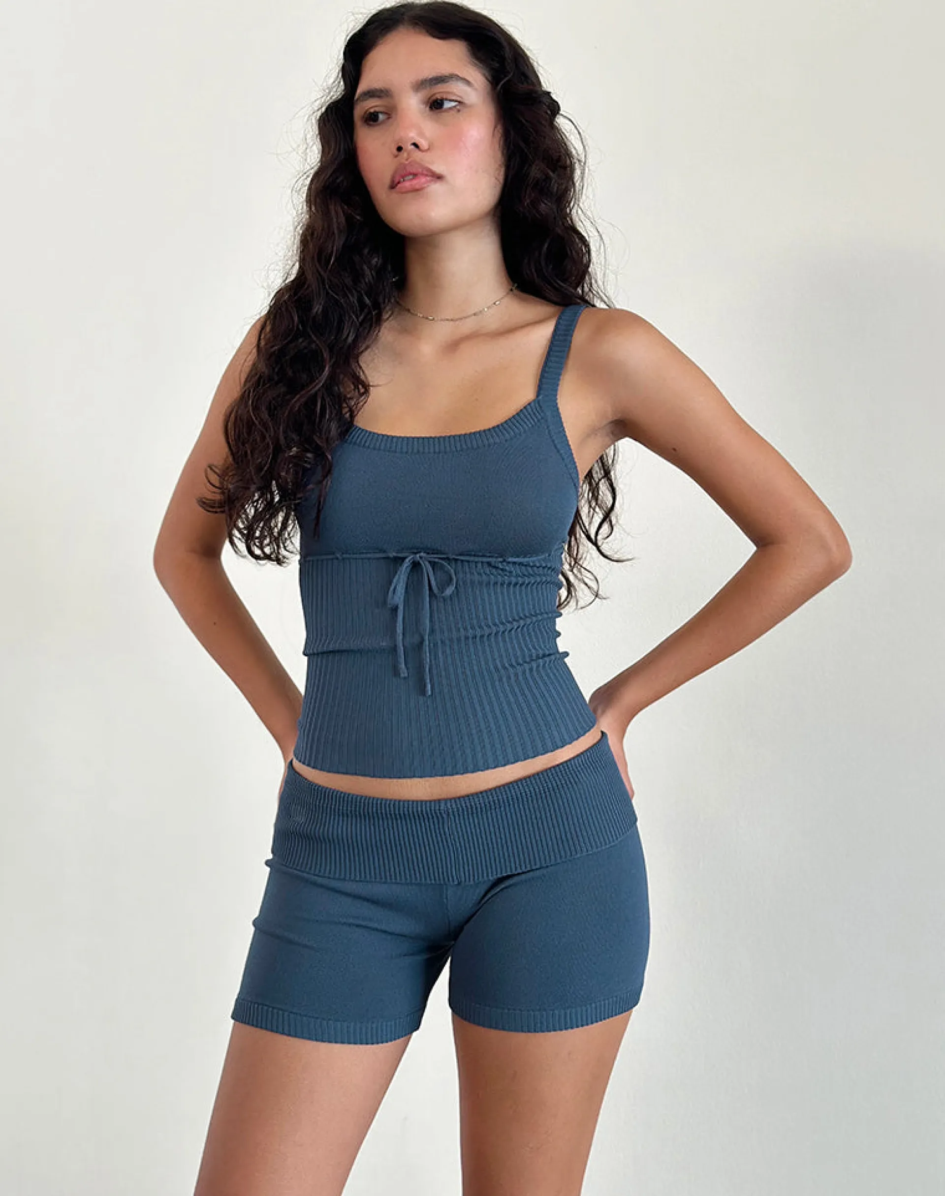 Motel Rocks Loungewear | Co-Ords-Joanie Rib Knit Top in Ocean Storm OceanStorm