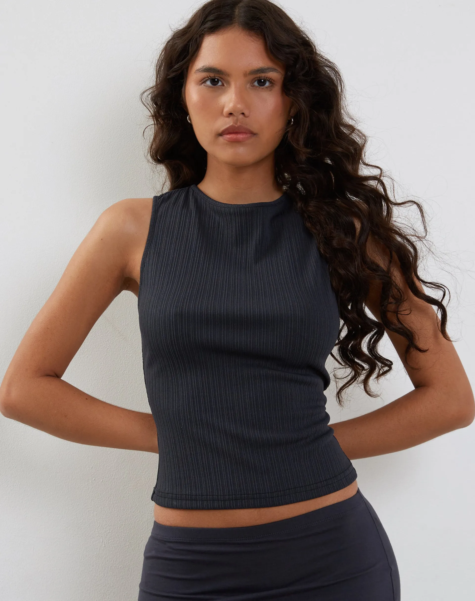 Motel Rocks Basic Tops | Vest Tops-Jordin High Neck Jersey Top in Ribbed Ocean Storm JerseyOceanStorm