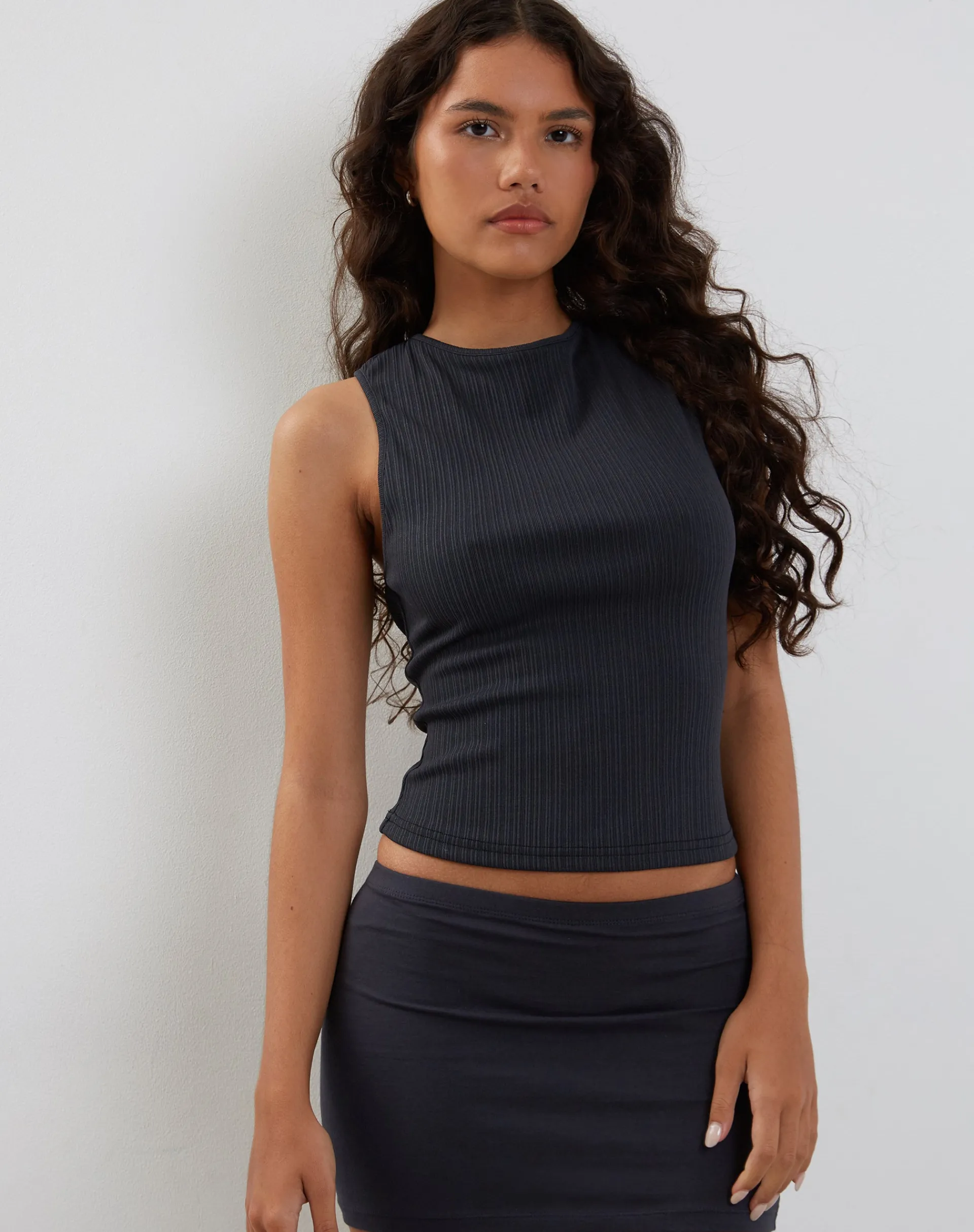 Motel Rocks Basic Tops | Vest Tops-Jordin High Neck Jersey Top in Ribbed Ocean Storm JerseyOceanStorm