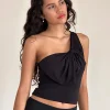 Motel Rocks Going Out Tops-Jovie One Shoulder Slinky Bow Top in Black