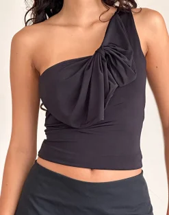 Motel Rocks Going Out Tops-Jovie One Shoulder Slinky Bow Top in Black