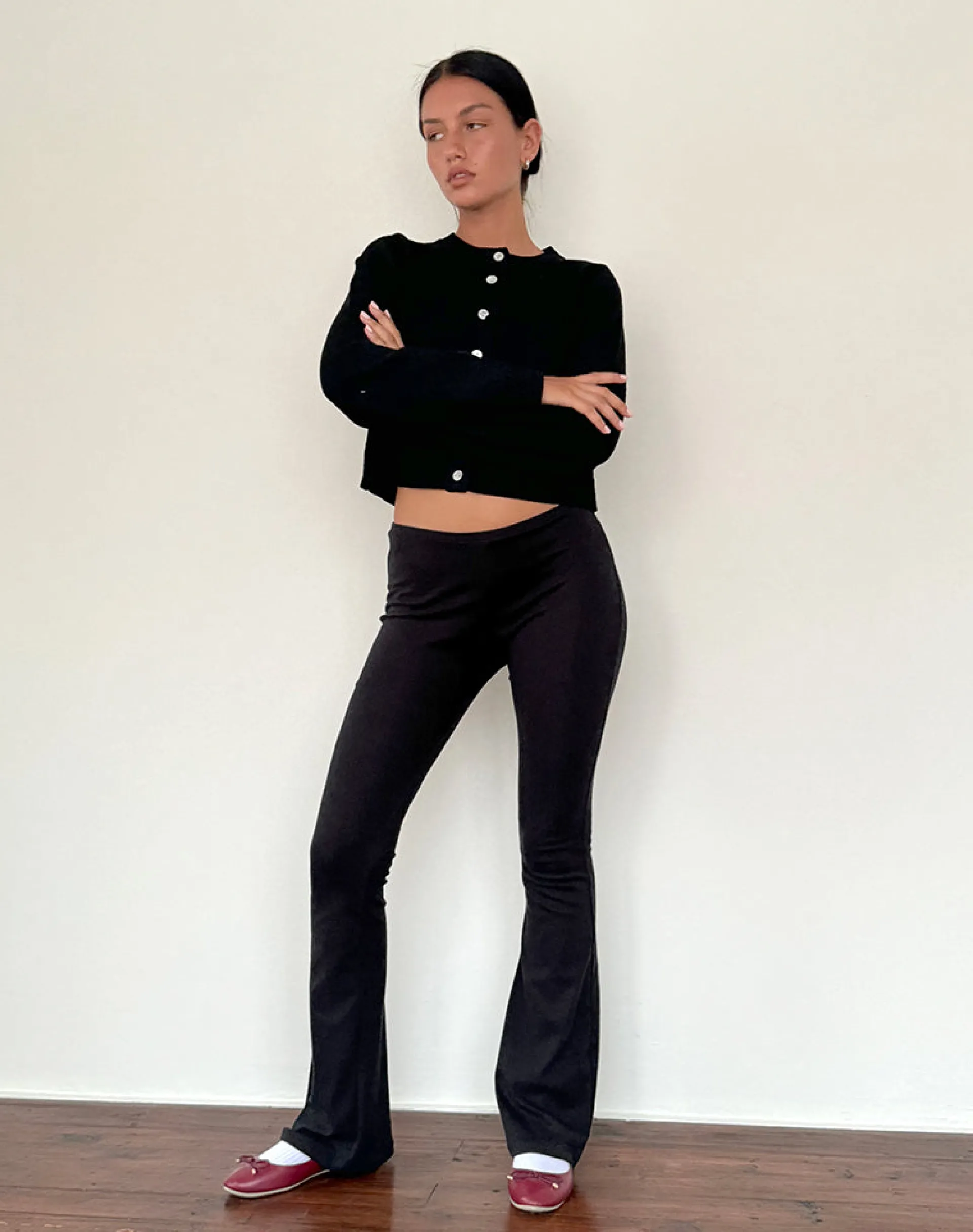Motel Rocks Basics | Low Rise Pants-Joxiel Soft Rib Flared Trouser in Black