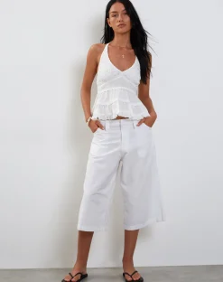 Motel Rocks Halterneck Tops-Juanita Frill Halterneck Top in Crochet White