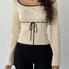 Motel Rocks Long Sleeve Tops-Juhye Knitted Long Sleeve Top in Beige with Black Binding BeigewithBlackBinding