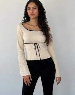 Motel Rocks Long Sleeve Tops-Juhye Knitted Long Sleeve Top in Beige with Black Binding BeigewithBlackBinding