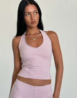 Motel Rocks Loungewear | Co-Ords-Jules Halter Top in Pink and Grey Jersey Stripe PinkandGreyJerseyStripe