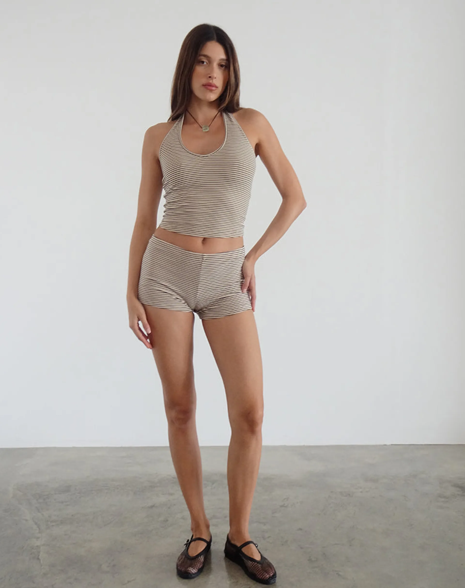 Motel Rocks Co-Ords | Halterneck Tops-Jules Top in Stripe Jersey Neutral Brown StripeJerseyNeutralBrown