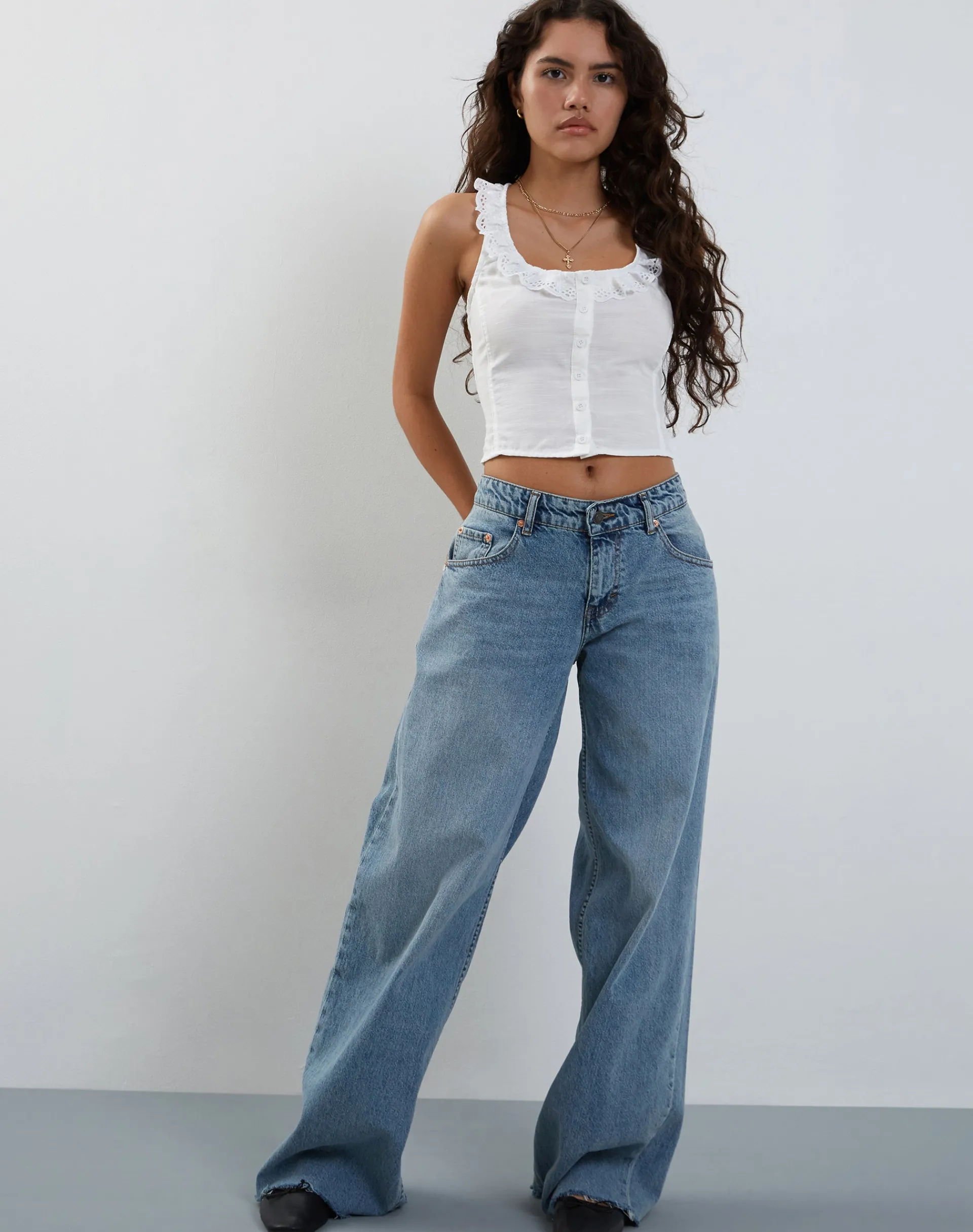 Motel Rocks Going Out Tops-Junko Frill Detail Button Through Top in White