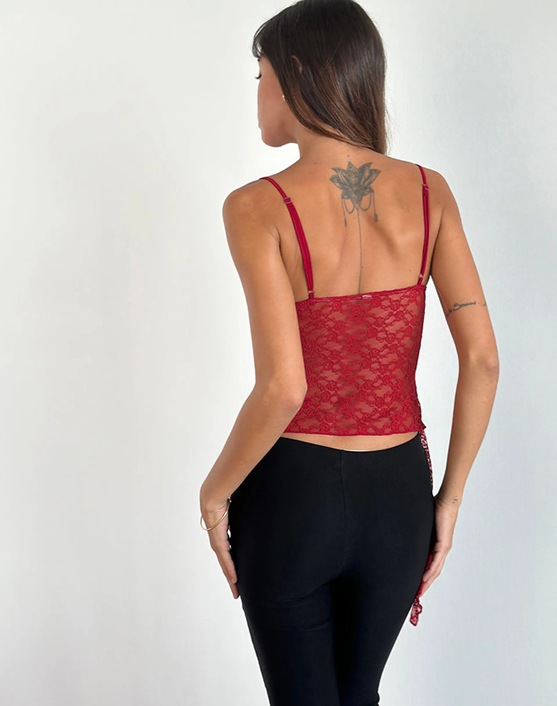 Motel Rocks Strappy Tops | Lace Tops-Kacha Asymmetric Cami Top in Red Mari Lace RedMariLace