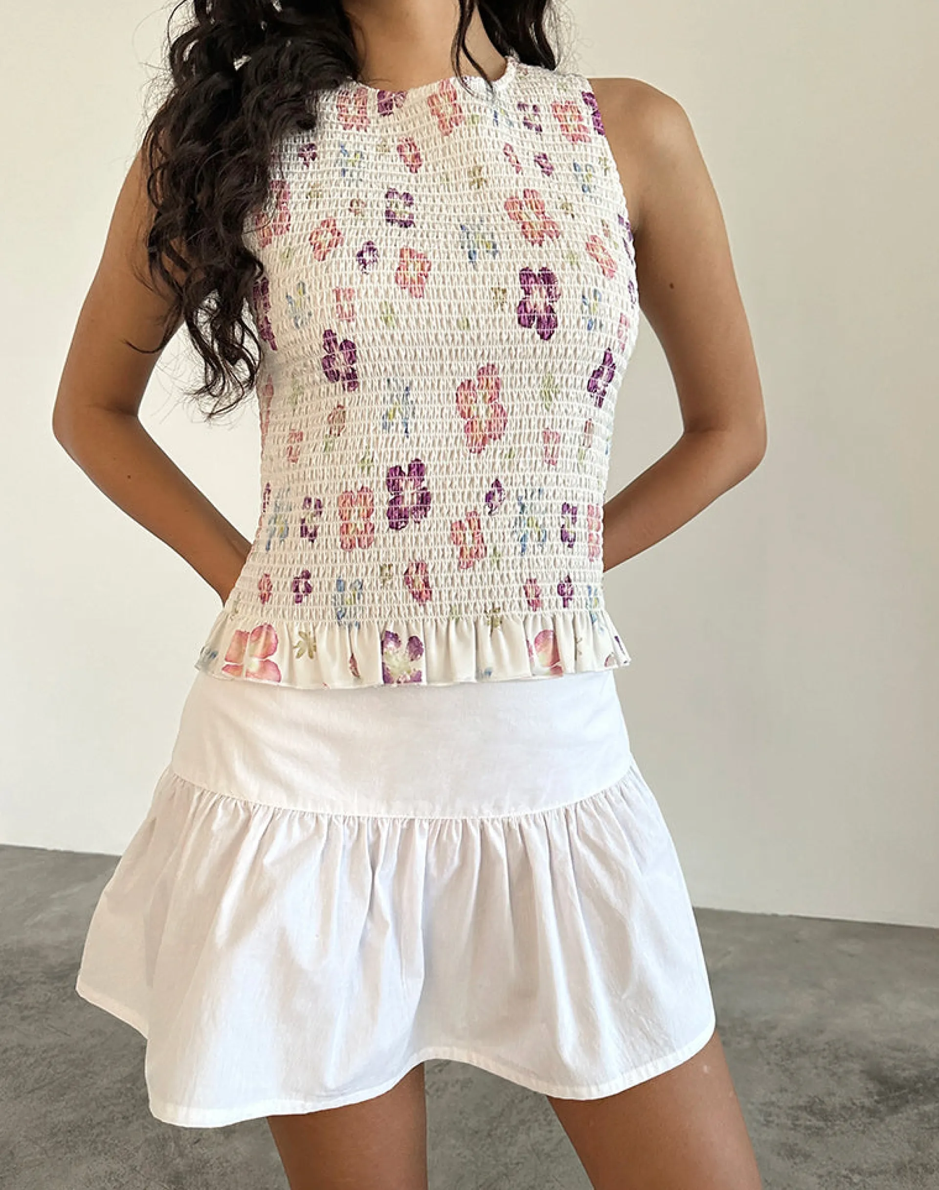 Motel Rocks Vest Tops | Printed Tops-Kagumi Shirred Top in Flower Stamp Purple FlowerStampPurple