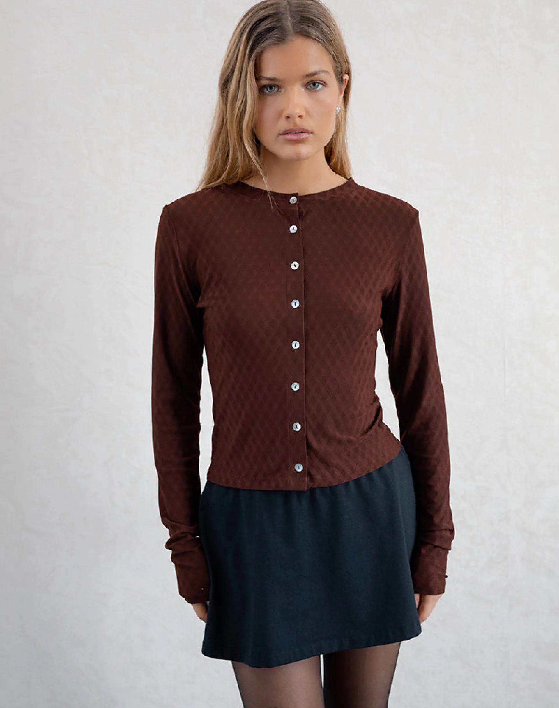 Motel Rocks Shirts And Blouses | Long Sleeve Tops-Kahula Shirt in Argyle Mesh Brown ArgyleMeshBrown
