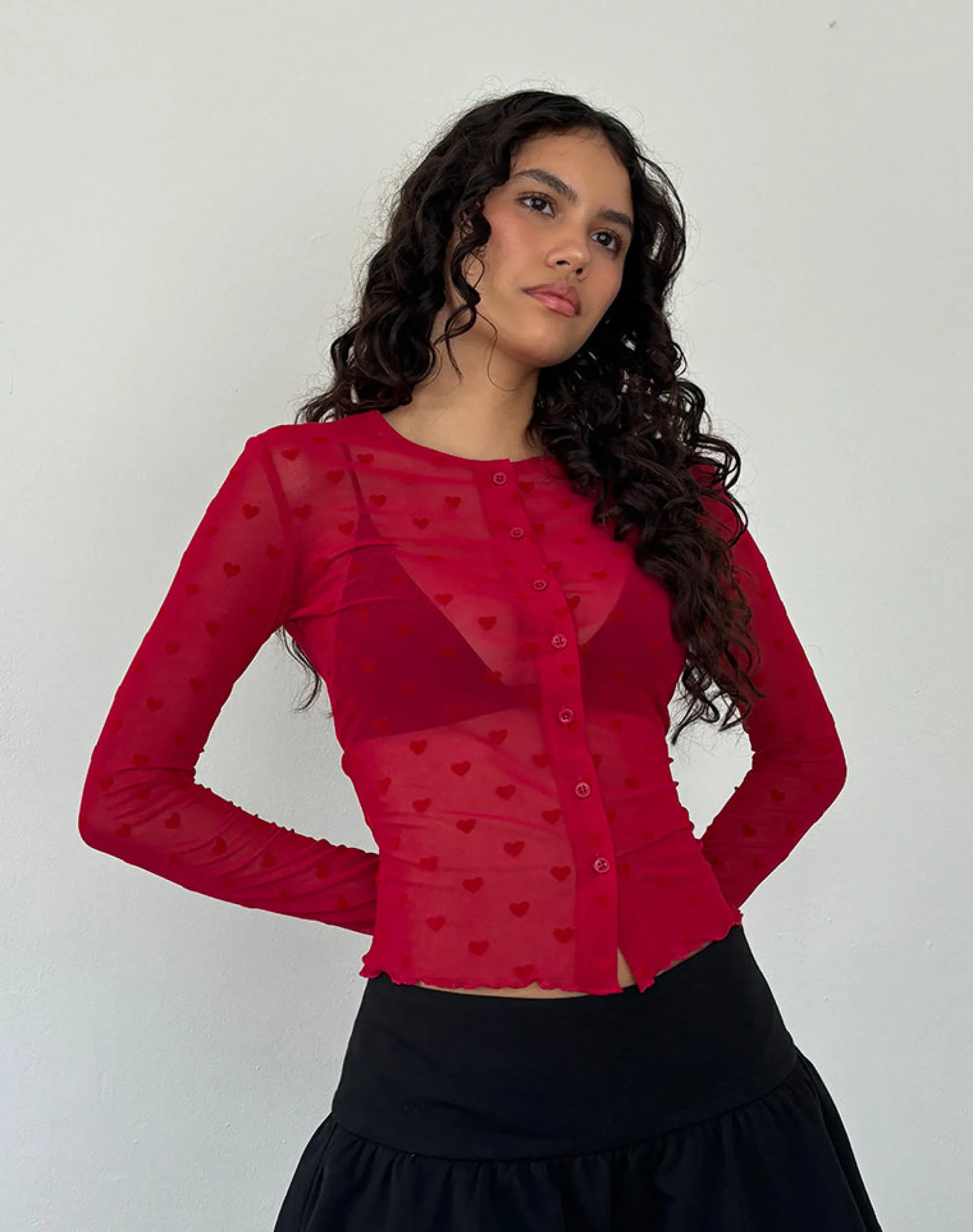 Motel Rocks Long Sleeve Tops | Going Out Tops-Kahula Shirt in Red Heart Flocked Mesh RedHeartFlockedMesh