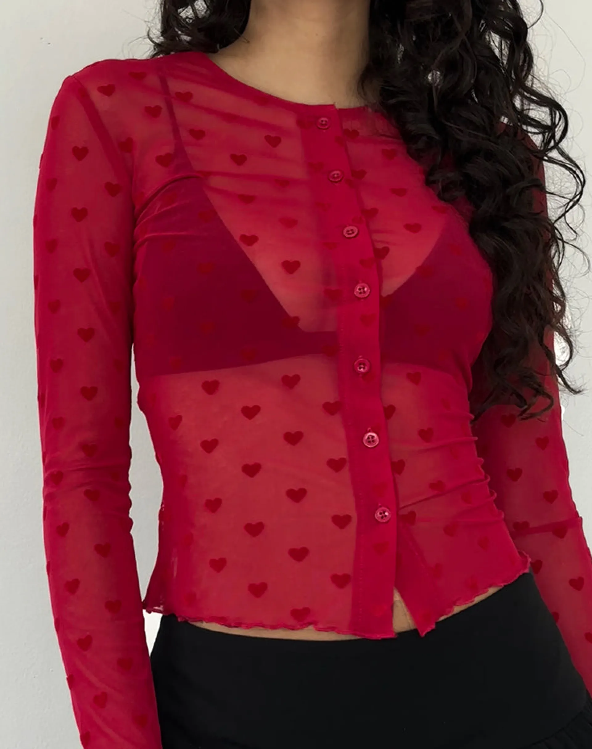 Motel Rocks Long Sleeve Tops | Going Out Tops-Kahula Shirt in Red Heart Flocked Mesh RedHeartFlockedMesh