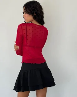 Motel Rocks Long Sleeve Tops | Going Out Tops-Kahula Shirt in Red Heart Flocked Mesh RedHeartFlockedMesh