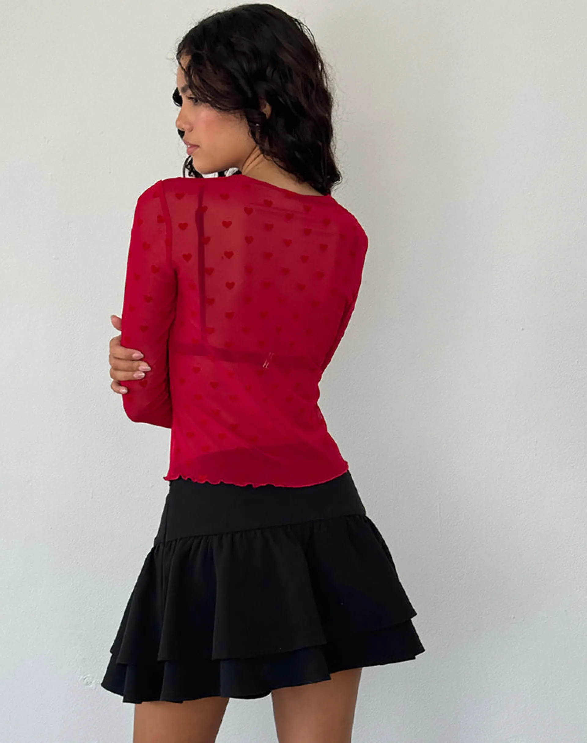 Motel Rocks Long Sleeve Tops | Going Out Tops-Kahula Shirt in Red Heart Flocked Mesh RedHeartFlockedMesh