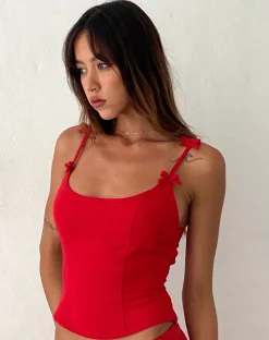 Motel Rocks Corset Tops | Strappy Tops-Kaida Bow Detail Corset Top in Tailoring Red TailoringRed