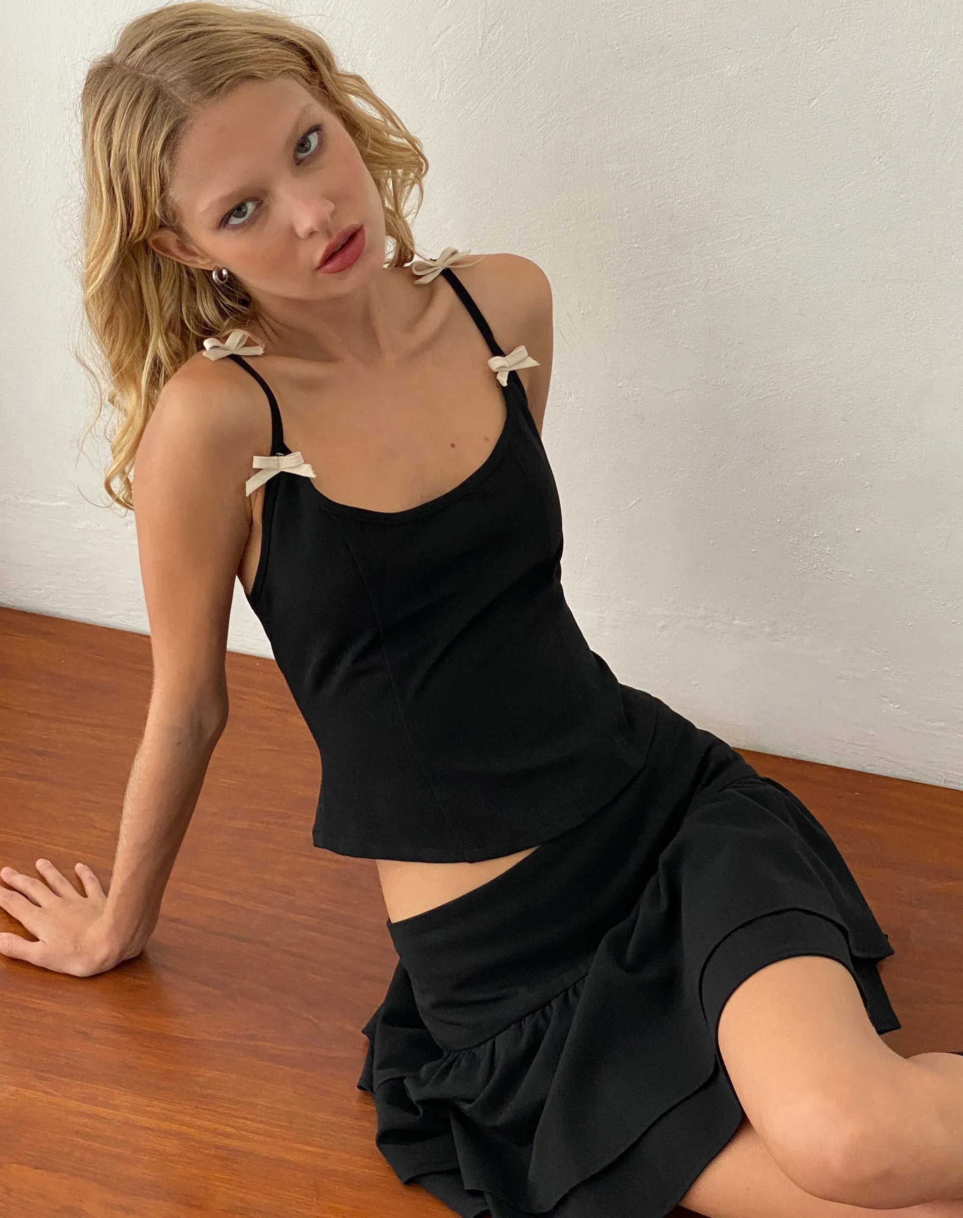 Motel Rocks Corset Tops | Strappy Tops-Kaida Ivory Bow Detail Corset Top in Tailoring Black TailoringBlack