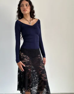 Motel Rocks Long Sleeve Tops-Kaisley Ruched Front Long Sleeve Top in Navy