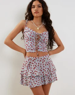 Motel Rocks Printed Tops | Strappy Tops-Kalilo lace Front Top in Blue Red Floral