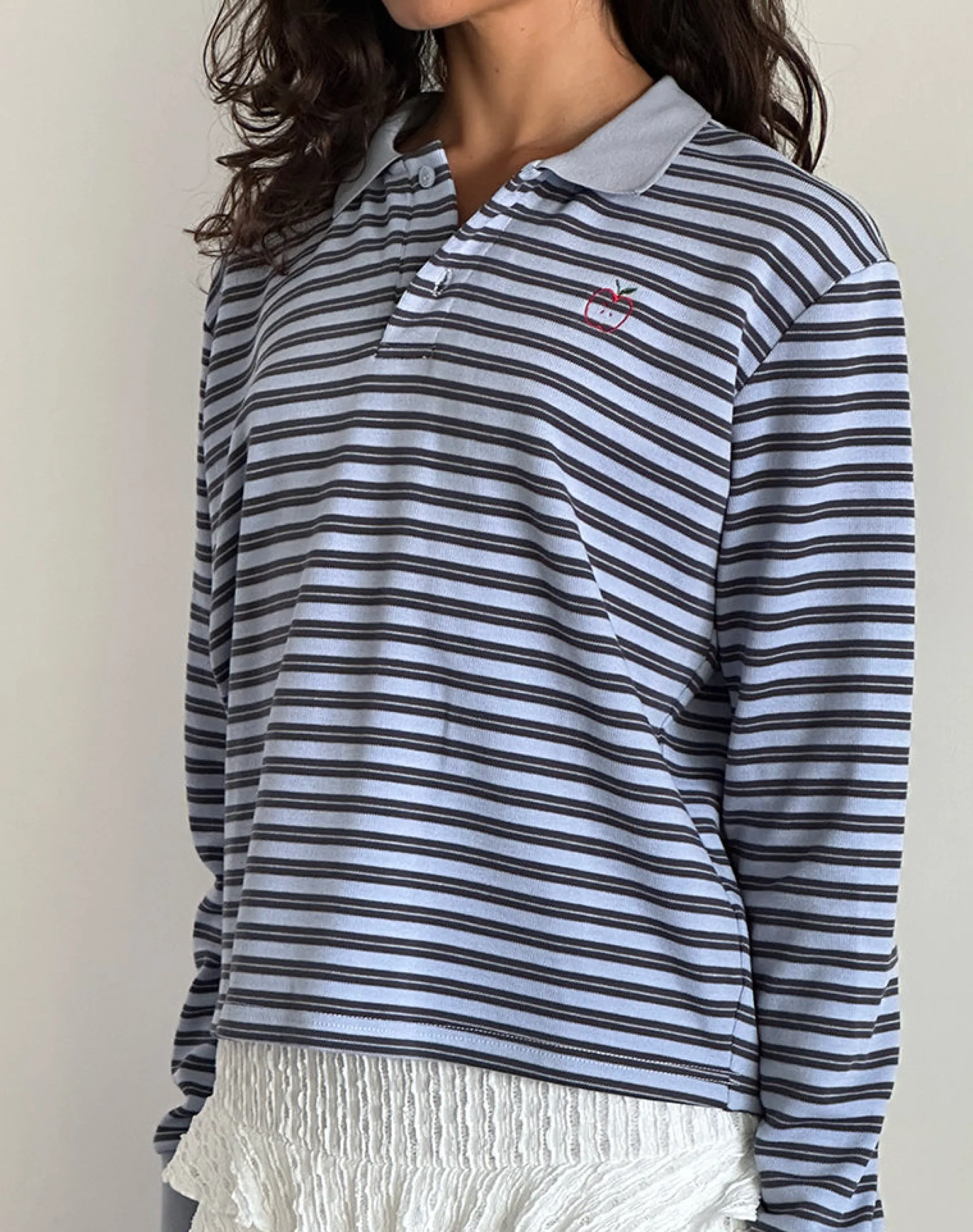 Motel Rocks Shirts And Blouses | Printed Tops-Kamilla Baggy Long Sleeve Shirt in Blue and Grey Stripe