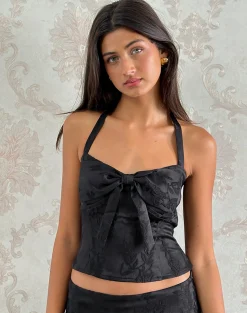 Motel Rocks Halterneck Tops | Going Out Tops-Kampi Halter Top in Satin Jacquard Black