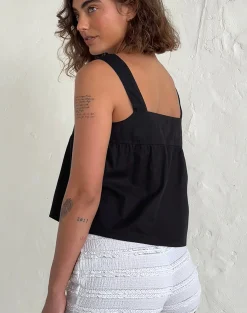 Motel Rocks Basic Tops-Karana Peplum Top in Poplin Black