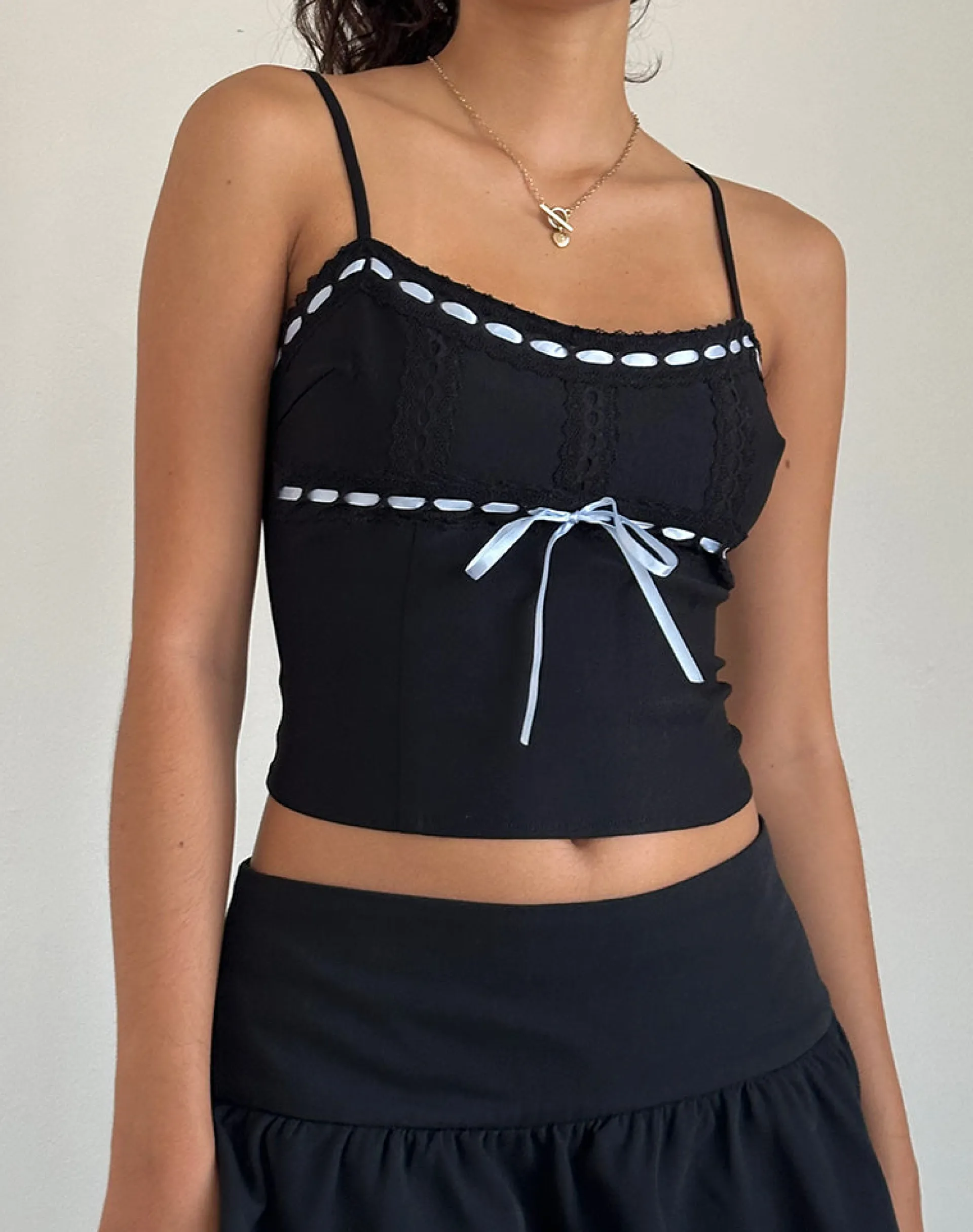 Motel Rocks Corset Tops | Strappy Tops-Karda Cami Top in Black with Contrast Ribbon