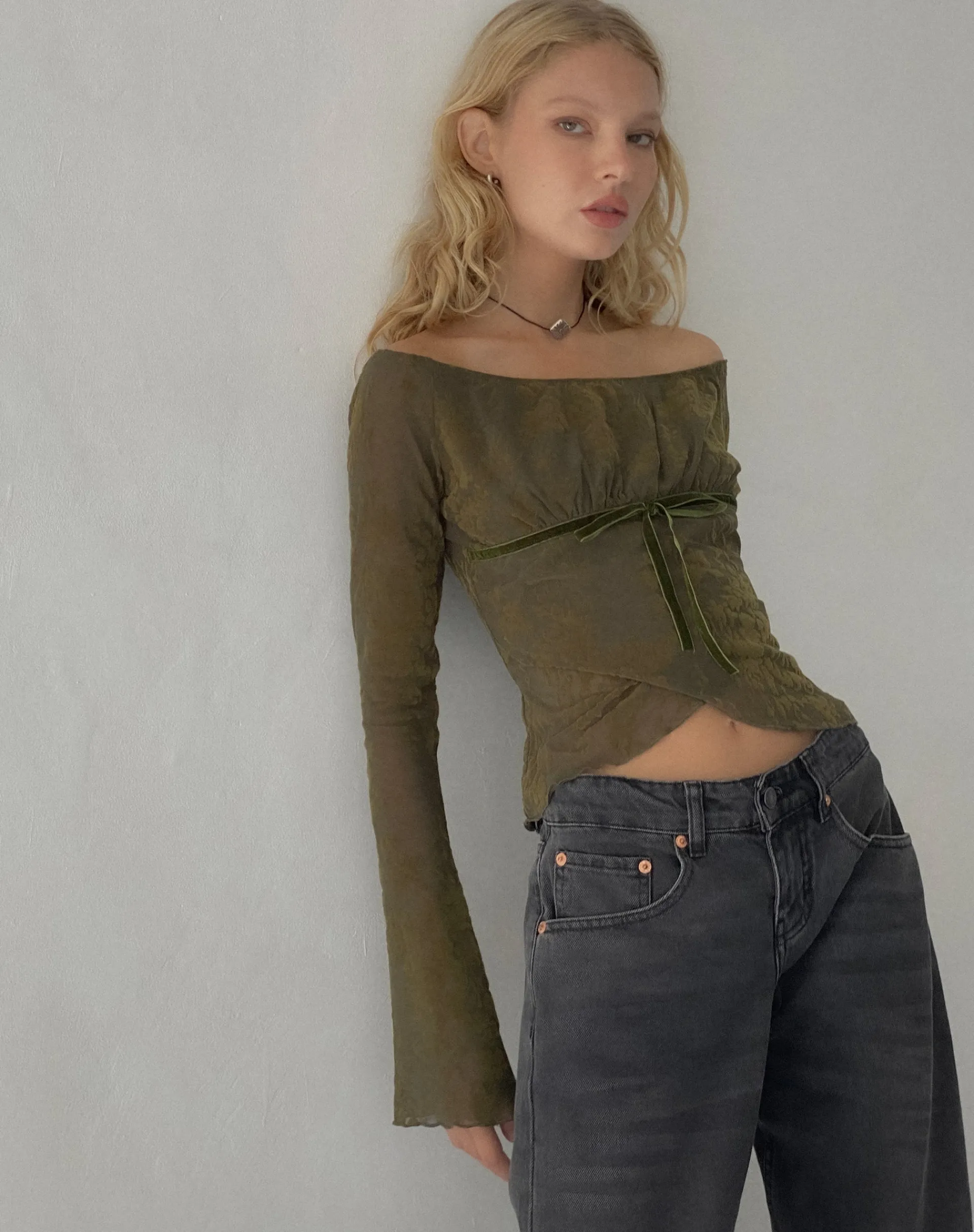 Motel Rocks Long Sleeve Tops | Going Out Tops-Kareena Long Sleeve Bardot Top in Abstract Botanic Dark Olive darkoliveabstrbotanic