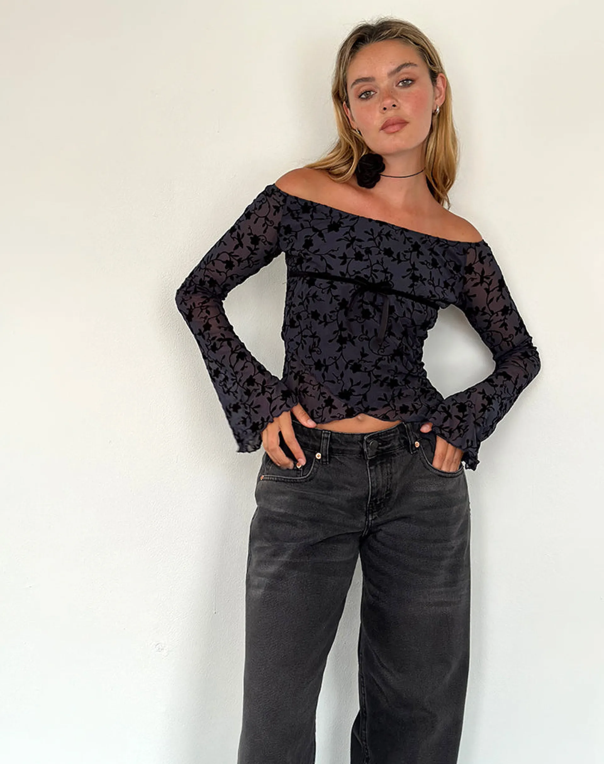 Motel Rocks Long Sleeve Tops | Going Out Tops-Kareena Long Sleeve Bardot Top in Pretty Petal Flock Navy PrettyPetalFlockNavy