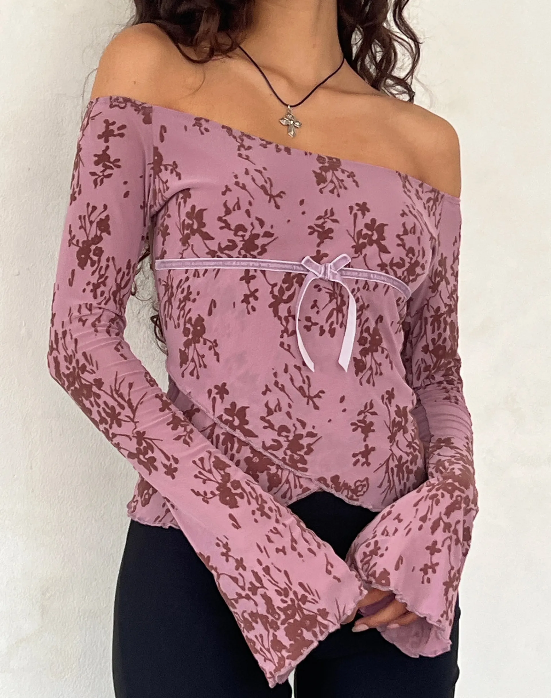 Motel Rocks Long Sleeve Tops | Going Out Tops-Kareena Long Sleeve Bardot Top in Abstract Botanic Mauve AbstractBotanicMauve