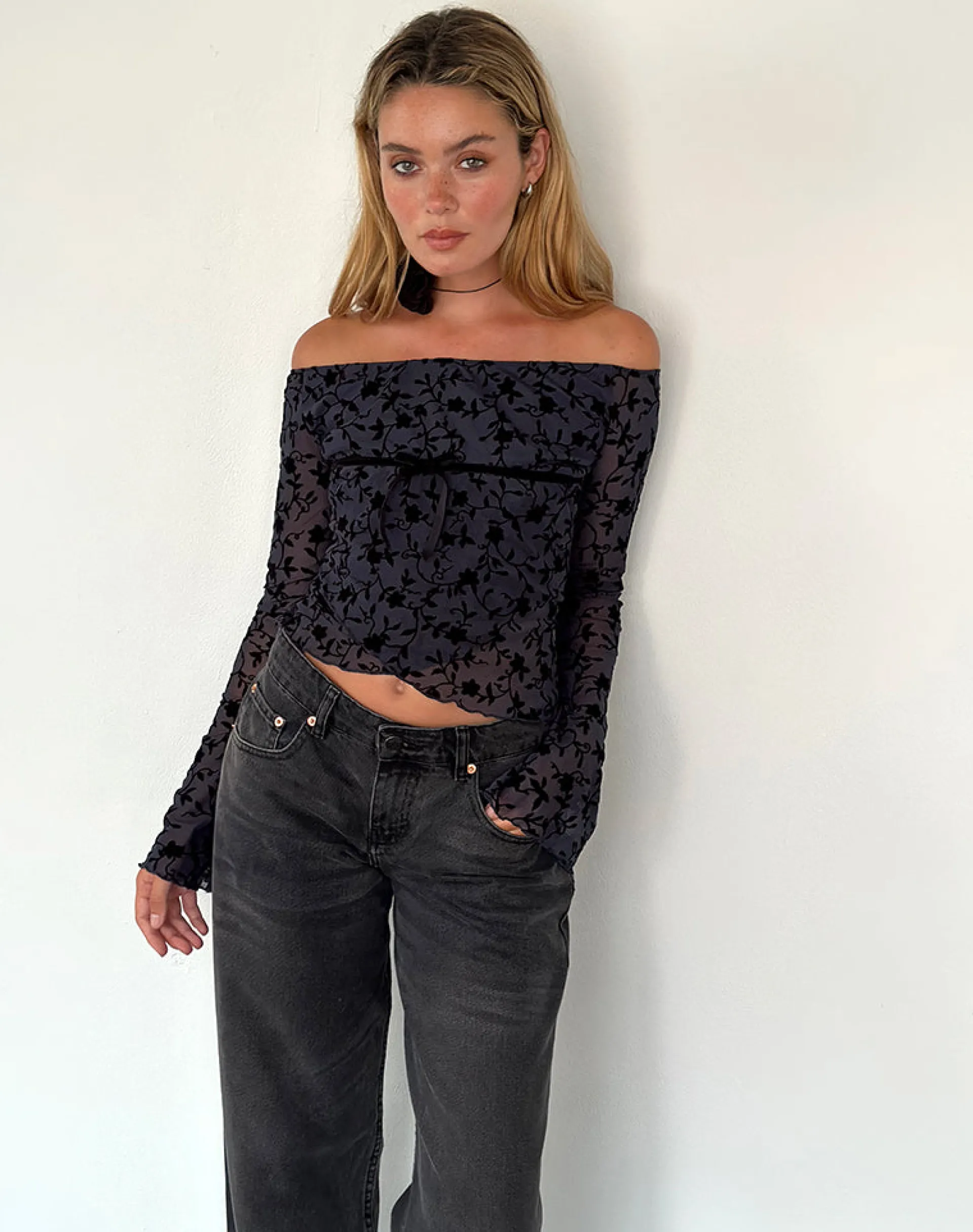 Motel Rocks Long Sleeve Tops | Going Out Tops-Kareena Long Sleeve Bardot Top in Pretty Petal Flock Navy PrettyPetalFlockNavy