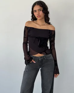 Motel Rocks Long Sleeve Tops | Going Out Tops-Kareena Long Sleeve Bardot Top in Orchid Flock Black OrchidFlockBlack